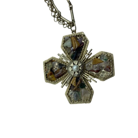 Vtg Stone Cross Pendant Necklace With Mixed Chain Design 10" Retro - Picture 3 of 5